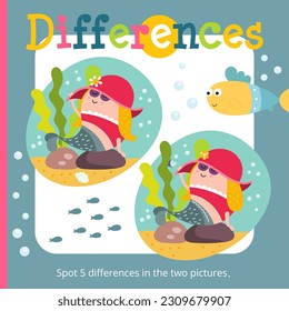 Under the Sea activities for kids. Spot 5 differences. Little Mermaid. Vector illustration. Book square format.