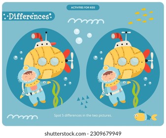 Under the Sea activities for kids. Spot 5 differences. Diver and Bathyscaphe. Vector illustration.