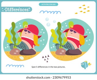 Under the Sea activities for kids. Spot 5 differences. Little Mermaid. Vector illustration.