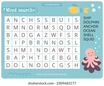 Under the Sea activities for kids. Word search game. Find the hidden words. Logic games for children. Vector illustration.