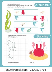 Under the Sea Activity Pages for Kids. Printable Activity Sheet with Sea Creatures Mini Games – Finish the picture, Sudoku. Vector illustration.