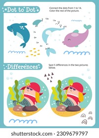 Under the Sea Activity Pages for Kids. Printable Activity Sheet with Ocean Animals Mini Games – Dot to dot, Spot 5 differences. Vector illustration.