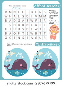 Under the Sea Activity Pages for Kids. Printable Activity Sheet with Sea Creatures Mini Games – Word Search, Spot 5 differences. Vector illustration.