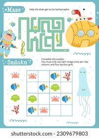 Under the Sea Activity Pages for Kids. Printable Activity Sheet with Sea Creatures Mini Games – Maze, Sudoku. Vector illustration.