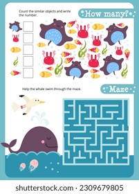 Debajo de las páginas de actividad marina para niños. Hoja de actividades imprimible con criaturas marinas Mini juegos - Maze, juego de conteo. Ilustración vectorial.