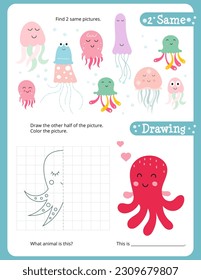 Under the Sea Activity Pages for Kids. Printable Activity Sheet with Sea Creatures Mini Games – Find same pictures, Finish the picture. Vector illustration.