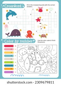 Under the Sea Activity Pages for Kids. Printable Activity Sheet with Underwater Creatures Mini Games – Crossword, Color by number. Vector illustration.