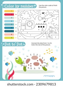 Debajo de las páginas de actividad marina para niños. Hoja de actividades imprimible con Ocean Animals Mini juegos - Punto a punto, Color por número. Ilustración vectorial.