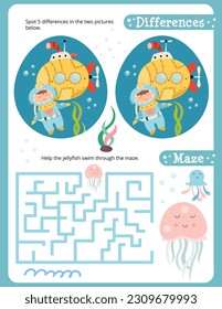 Under the Sea Activity Pages for Kids. Printable Activity Sheet with Ocean Animals Mini Games – Maze, Spot 5 differences. Vector illustration.