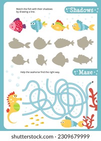 Under the Sea Activity Pages for Kids. Printable Activity Sheet with Sea Animals Mini Games – Maze, Matching game. Vector illustration.