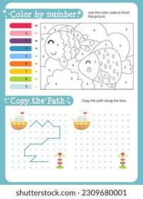 Under the Sea Activity Pages for Kids. Printable Activity Sheet with Underwater Creatures Mini Games – Copy the Path, Color by number. Vector illustration.