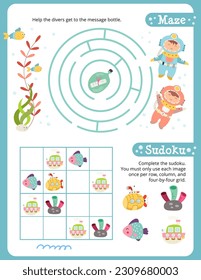 Debajo de las páginas de actividad marina para niños. Hoja de actividad imprimible con minijuegos de Ocean Creaturas - Maze, Sudoku. Ilustración vectorial.