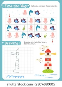 Under the Sea Activity Pages for Kids. Printable Activity Sheet with Sea Creatures Mini Games – Finish the picture, Find the way. Vector illustration.