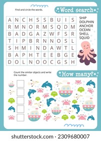 Under the Sea Activity Pages for Kids. Printable Activity Sheet with Sea Creatures Mini Games – Word Search, Counting game. Vector illustration.