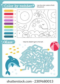 Under the Sea Activity Pages for Kids. Printable Activity Sheet with Sea Creatures Mini Games – Maze, Color by number. Vector illustration.