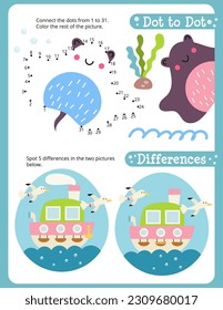 Under the Sea Activity Pages for Kids. Printable Activity Sheet with Ocean Creatures Mini Games – Dot to dot, Spot 5 differences. Vector illustration.