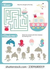 Under the Sea Activity Pages for Kids. Printable Activity Sheet with Sea Creatures Mini Games – Maze, Matching game. Vector illustration.