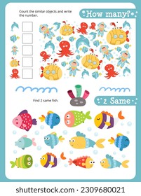 Under the Sea Activity Pages for Kids. Printable Activity Sheet with Sea Creatures Mini Games – Find 2 same pictures, Counting game. Vector illustration.