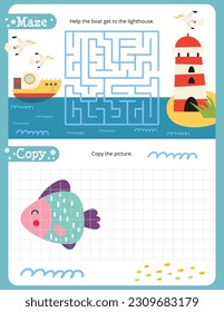 Debajo de las páginas de actividad marina para niños. Hoja de actividad imprimible con criaturas marinas Mini juegos - Maze, Copiar la imagen. Ilustración vectorial.