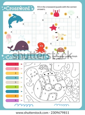 Under the Sea Activity Pages for Kids. Printable Activity Sheet with Underwater Creatures Mini Games – Crossword, Color by number. Vector illustration.