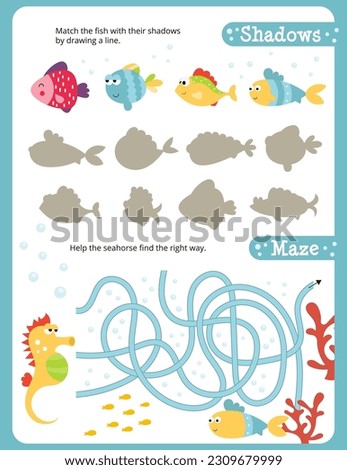 Under the Sea Activity Pages for Kids. Printable Activity Sheet with Sea Animals Mini Games – Maze, Matching game. Vector illustration.