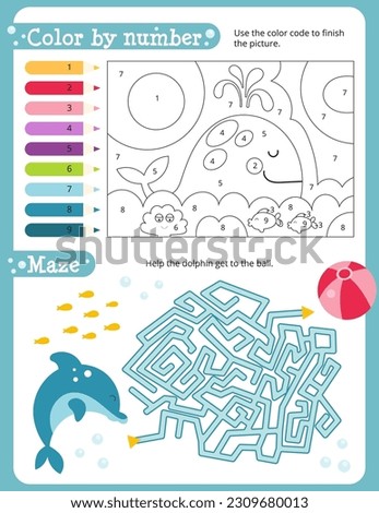 Under the Sea Activity Pages for Kids. Printable Activity Sheet with Sea Creatures Mini Games – Maze, Color by number. Vector illustration.