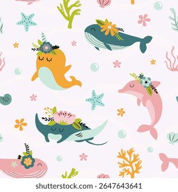 Sob o mar animais com flores padrão sem emenda. Baleia bonita, arraia, golfinho e narval.	