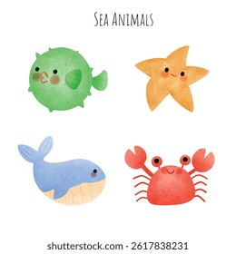 Sob o mar Animais mão desenhado conjunto marinho