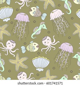 under the sea animals, hand drawn style, seamless pattern