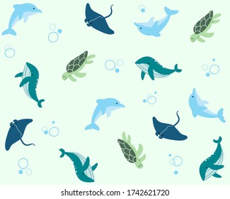 Under the Sea Animals Pattern, dolphin, whale, manta ray, turtle