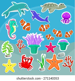 Under the sea animals vector illustration Cute sea creatures Cartoon animal stickers Starfish, jellyfish, dolphin, crab, turtle, sea anemone, clown fish, seahorse, coral, seaweeds vector illustration
