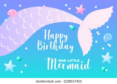 Under the sea baby shower backdrop. Birthday party background with mermaid tails on a blue gradient background. Vector illustration 10 EPS.