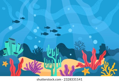 Under sea background concept. Fish swim among reefs and corals, representatives of the underwater world. Ocean or sea flora and fauna, wild life. Cartoon flat vector illustration