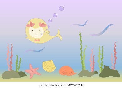 Under the sea background. Fish and friends. Vector illustration 