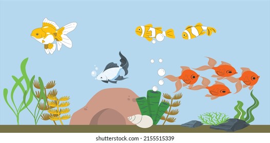 Under the sea background. Golden fish, clown fish Marine Life Landscape. Ocean underwater world. Ocean nature inhabitants. Silhouette ocean bottom. Sea, seascape, seafloor, undersea background.