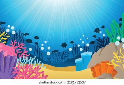 Under the sea background. Marine Life Landscape. Ocean underwater world. Ocean nature inhabitants. Silhouette ocean bottom. Marine underwater life. Sea, seascape, seafloor, undersea background. Vector