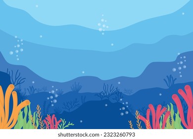 Bajo el fondo del mar. Paisaje de la vida marina. El mundo submarino del océano. Habitantes de la naturaleza oceánica. Fondo marino de silueta. Vida marina bajo el agua. Mar, costa, fondo marino. Vector