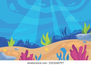 Under the sea background. Marine Life Landscape. Ocean underwater world. Ocean nature inhabitants. Silhouette ocean bottom. Marine underwater life. Sea, seascape, seafloor, undersea background. Vector