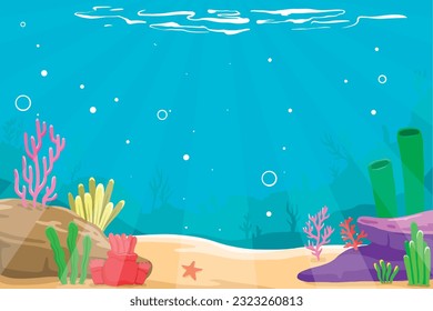 Bajo el fondo del mar. Paisaje de la vida marina. El mundo submarino del océano. Habitantes de la naturaleza oceánica. Fondo marino de silueta. Vida marina bajo el agua. Mar, costa, fondo marino. Vector