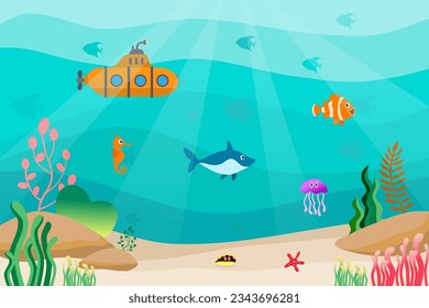 Bajo el fondo del mar. Paisaje de la vida marina con plantas submarinas, peces, tiburones, estrellas, medusas, caballitos de mar, conchas y submarinas. Ilustración vectorial de dibujos animados.