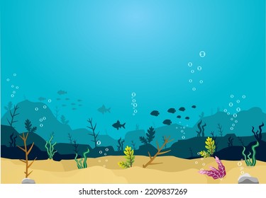 
Under the sea background. Ocean underwater world. Silhouette ocean bottom