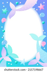 Under the sea background template. Cute illustration of mermaid tails, pearls and star fish. Vector 10 EPS.