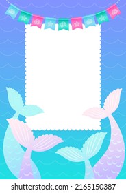 Under the sea background template. Cute frame of mermaid tails with white blank space. Vector 10 EPS.
