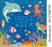 Under sea background. Underwater frame with fish, algae, corals. Ocean scenery with animals, plants, dolphin, crab, turtle on marine deep. Wildlife water landscape. Vector border.