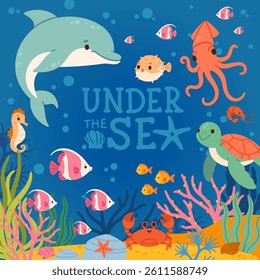 Under sea background. Underwater frame with fish, algae, corals. Ocean scenery with animals, plants, dolphin, crab, turtle on marine deep. Wildlife water landscape. Vector border.