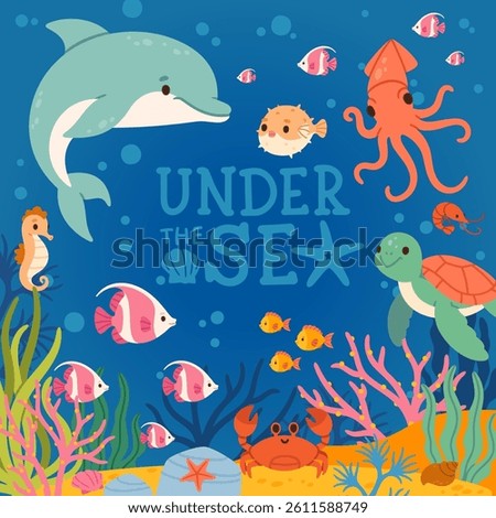 Under sea background. Underwater frame with fish, algae, corals. Ocean scenery with animals, plants, dolphin, crab, turtle on marine deep. Wildlife water landscape. Vector border.