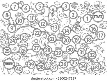 Under the sea black and white dice board game for kids with cute animals. Ocean line boardgame with fish, wrecked ship.  Water adventures printable activity, coloring page. Help divers get to pearl