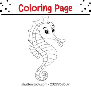 Under the sea black and white educational activity with cute seahorse.. Cute sea animal vector cartoon coloring book illustration