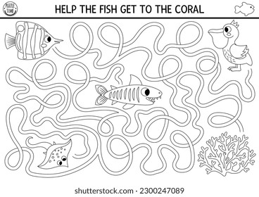 Under the sea black and white maze for kids with shark, pelican, coral, rayfish. Ocean line preschool printable activity. Water labyrinth gam, coloring page. Help the butterfly fish get to the coral
