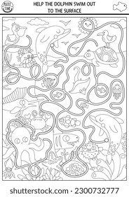 Under the sea black and white maze for kids with marine landscape, fish, pelican, octopus. Ocean line preschool activity. Water labyrinth gam, coloring page. Help dolphin swim out to surface
